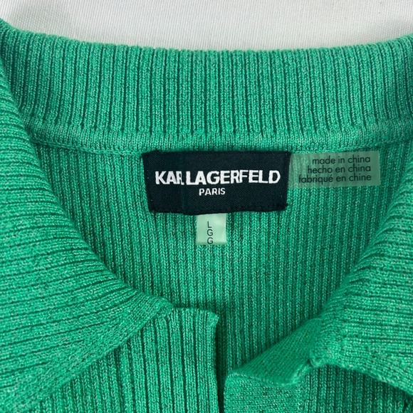 Karl Lagerfeld Paris Ribbed Knit Polo Top Short Sleeve Metallic Green L - Picture 9 of 11